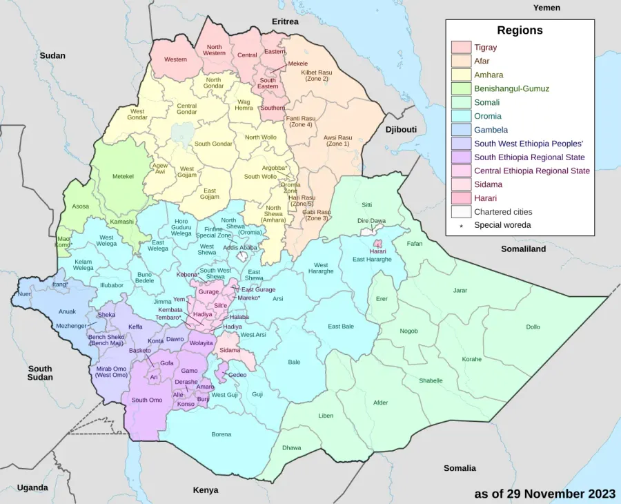 The Regions of Ethiopia card