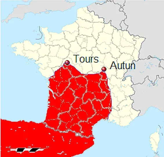 La carte Invasion omeyyade en France