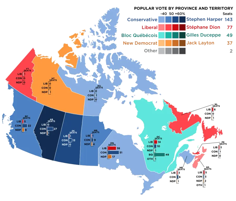 La carte Élections fédérales canadiennes de 2008