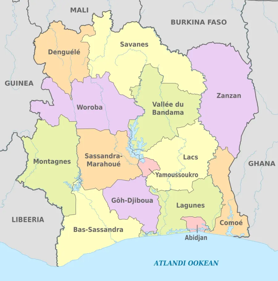 The Districts of Ivory Coast card