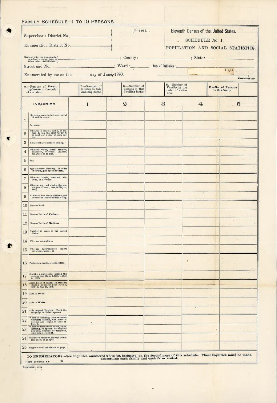 The 1890 United States census card