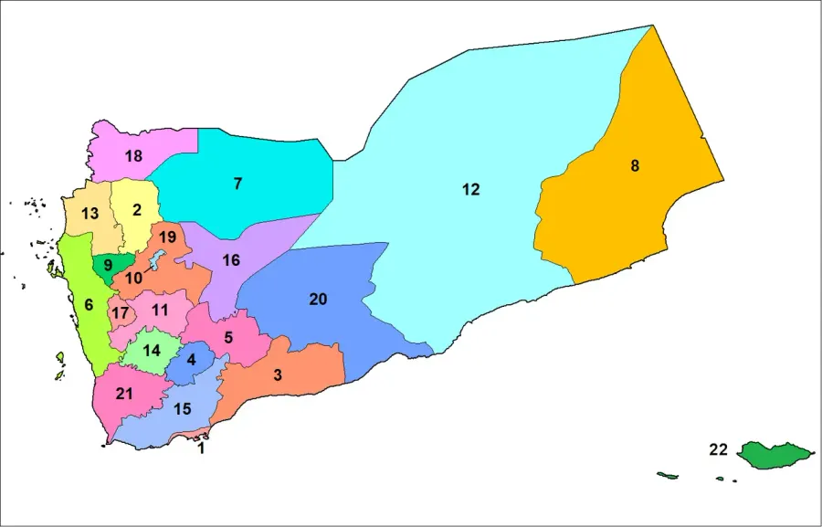La carte Liste des gouvernorats du Yémen