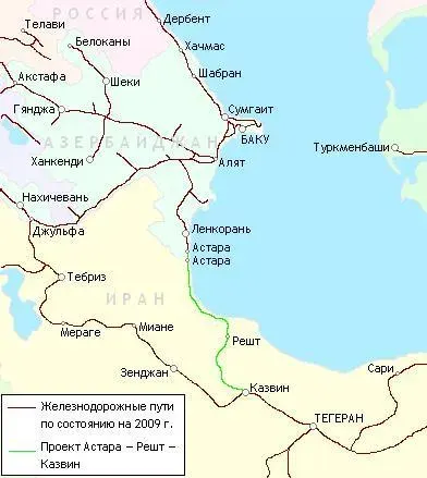 La carte Chemin de fer Qazvin - Rasht - Astara
