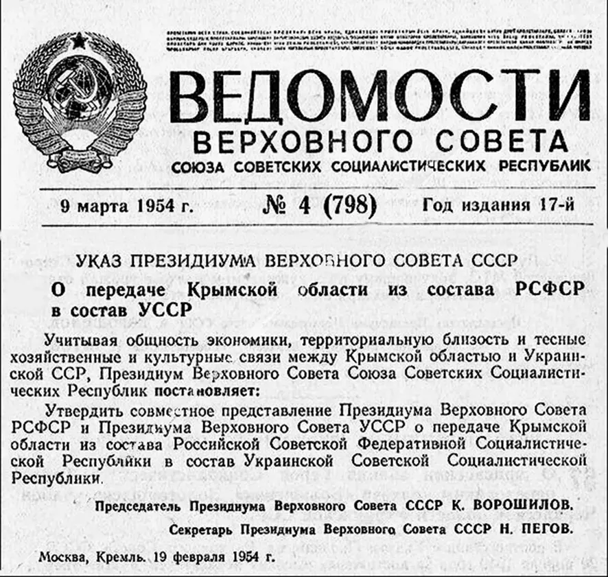 La carte Transfert de l'oblast de Crimée de la RSFSR à la RSSU