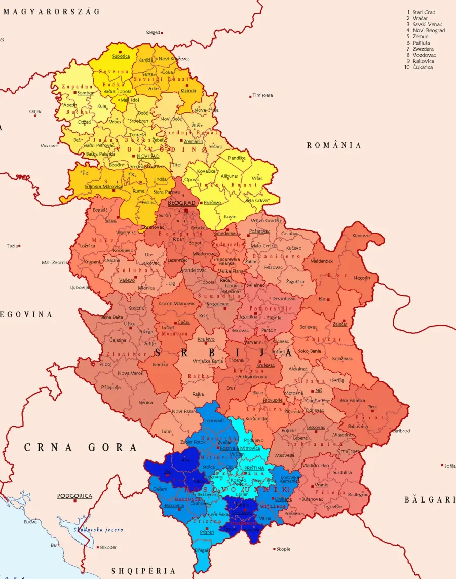 The Municipalities and cities of Serbia card