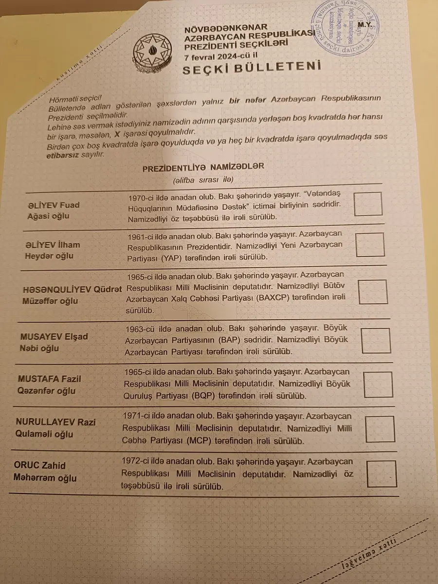 The 2024 Azerbaijani presidential election card