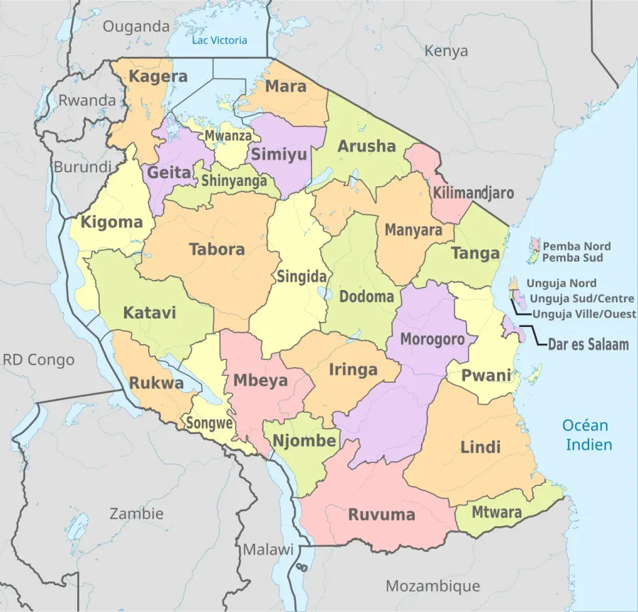 La carte Régions de Tanzanie
