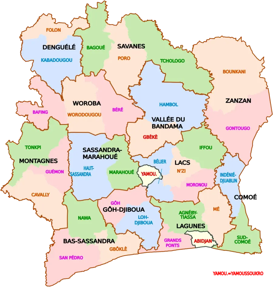 The Regions of Ivory Coast card